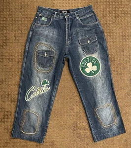 Vintage UNK Boston Celtics NBA Baggy Y2K Denim Jeans Size 36 (36x29) High Rise - Picture 1 of 11