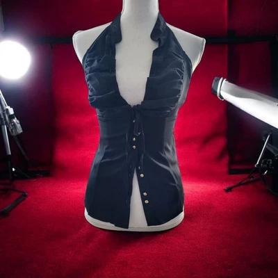 GUESS by Marciano  Halter Backless  Silk Top Gold Button Down Silk Sexy Top  - Image 1 of 4