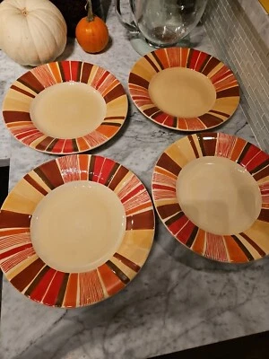 Pottery Barn Striped Sausalito Dinner Plates Set Of 4 Oramge Red Brown Tan... - Image 1 of 4