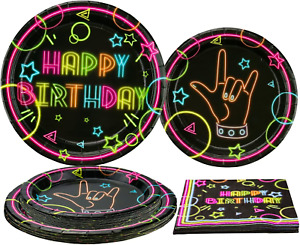 XJLANTTE Glow Neon Party Supplies - Glow in the Dark Happy Birthday Plates and 1
