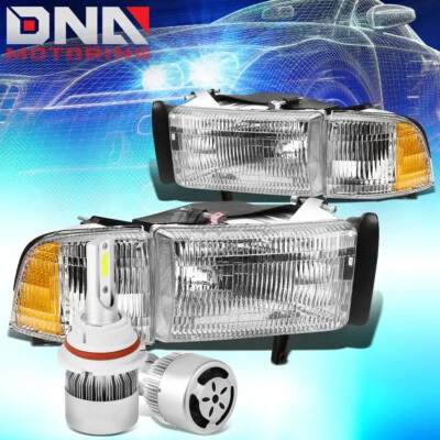 CHROME HOUSING CLEAR HEADLIGHT+CORNER+WHITE LED 9004 HID+FAN FIT 94-02 DODGE RAM - Изображение 1 из 4