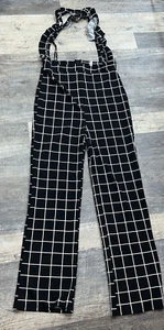 Women's High Waisted Suspender Jumpsuit Ruffle Strap Black White Block Size L - Picture 1 of 10