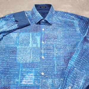 Bugatchi Shirt Mens Large Blue Geometric Script Long Sleeve Button Up Flip Cuff - Picture 1 of 11