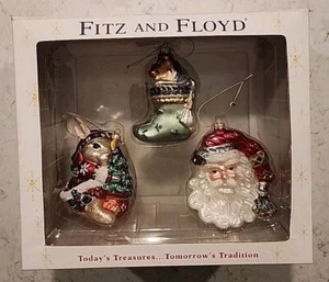 Fitz & Floyd 2004 Juego de 3 adornos navideños de vidrio Papá Noel Medias Ratón Usado en Excelente Condición - Imagen 1 de 6