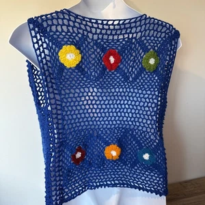 Handmade Crochet Vest Flowers Wide Woven Blue Open Front Fits M Boho Hippie - Picture 1 of 9