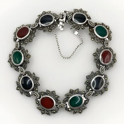 Brazalete Vintage Marcasita y Piedras Preciosas Firmado MC Marsala Art Deco Esterlina Talla 6.5 Foto 1 de 4