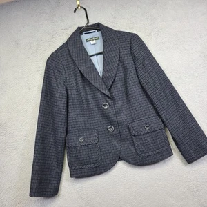 Y2K Eddie Bauer Blazer Women 10P Blue Wool Tartan Plaid Preppy Academia Crop - Picture 1 of 16