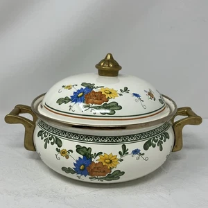 ASTA Enamelware Dutch Oven Pan/ Pot Lid Casserole Floral 1960s Brass Handles VTG - Picture 1 of 11