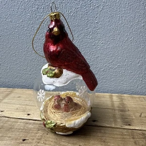 Cardinale rosso con bambini nel nido vetro soffiato a mano ornamento dipinto a mano 6”x3” - Foto 1 di 10