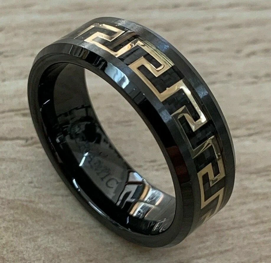 8mm Men's or Ladie's Ceramic with Greek Key Gold Plated Inlay Wedding Band Ring - Image 1 of 1