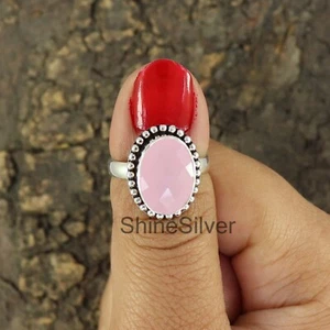 Pink Chalcedony Ring Silver Boho Statement Handmade Silver Gift Jewelry - Picture 1 of 3