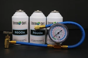 Enviro-Safe R-600a Refrigerant Inverted Piercing 6 oz/ 3 Cans and Brass Gauge - Picture 1 of 4