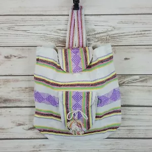 Mexican Backpack Handmade Bag Tote White/Multicolor Blanket Boho Hippie Morral - Picture 1 of 5