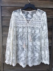 Sundance Katalog Gr. M elfenbein transparente Spitzenbluse Quaste zum Binden Nylon Boho Bauer - Bild 1 von 21