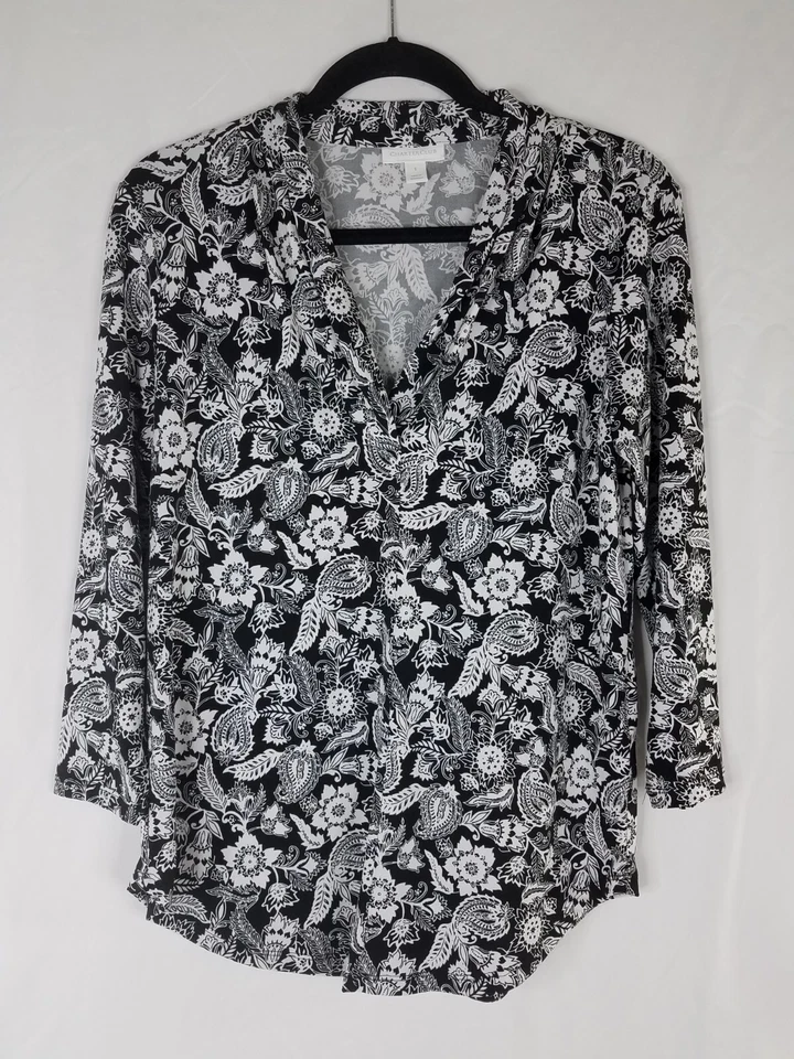 Blusa Top Charter Club Mujer Talla S Negra Blanca Floral Cachemira Manga 3/4 Foto 1 de 4