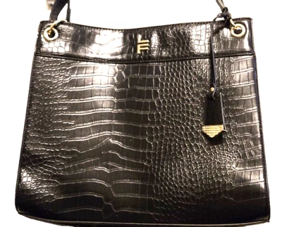 London Fog Shoulder Tote Womens Leather Blk Lizard Satchel Logo Brielle 13x11x5 - Image 1 of 4