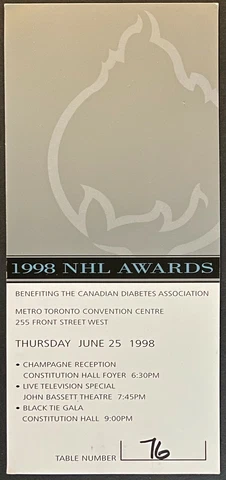 1998 NHL Hockey Awards Dinner VIP Ticket + Advertiser Card Dominik Hasek MVP Cover