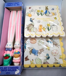 Easter Bunny Taper Candles 11 Inch Peter Rabbit Napkins Lot               E1 - Picture 1 of 11