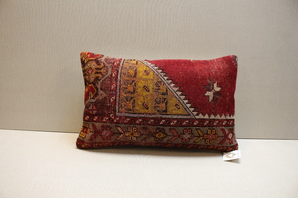 Vintage Turkish Kilim Pillow Cover 12x20 Red Yellow Tribal Rug Cushion Handmade - Image 1 of 4