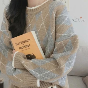 Pullover Cuello en O Moda Suéter Argyle Otoño Invierno Mujeres Tejido Manga Larga - Imagen 1 de 20