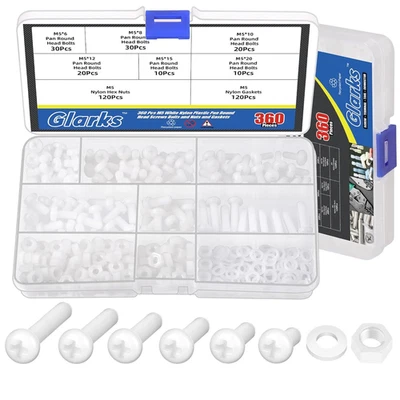 360 Viti in Nylon Phillips Pan Head M5 X 6/8/10/12/15/20 Mm, Kit Di Fissaggio pe - Immagine 1 di 4