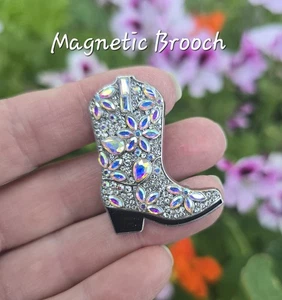 Opalescent Crystal, Silver Cowgirl Boot MAGNETIC BROOCH. Western, horse jewelry - Picture 1 of 7