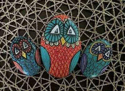 3 Hand Painted owls set whimsical Gift paper weight original artisan stone  - Image 1 of 4