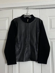 Pendleton Size PL Leather Front Jacket Merino Wool Rib Knit Black Size Petite L - Picture 1 of 5