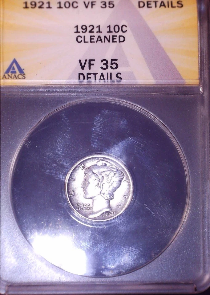 1921 Mercury Dime, ANACS VF30, Cleaned, Key Date - Image 1 of 4