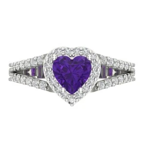1.75ct Heart split shank Real Amethyst Modern Statement Ring Real 14k White Gold - Picture 1 of 11