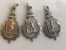3 Vtg 1945 Sterling Tennis Player Tournament Charm Pendant Pin Coin Award~1st 2n