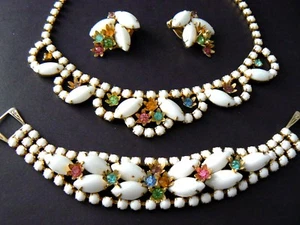 Vintage Halskette Armband Ohrringe Set Milchglas Pastell Multicolor Strass  - Bild 1 von 12