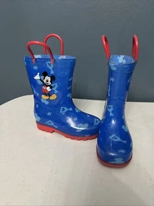 Disney Mickey Mouse Rubber Rain Boots Pull On With Handles Kids Size 7/8 - Picture 1 of 4
