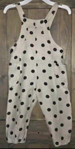 Zara Toddler Girls Size 3 4 Cotton Linen Bib Overalls Cream Black Dots NEW NWOT - Picture 1 of 3