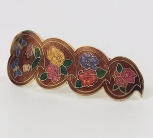 Vintage Cloisonne Enamel Hair Clip Barret Floral Butterfly Gold Tone - Picture 1 of 8