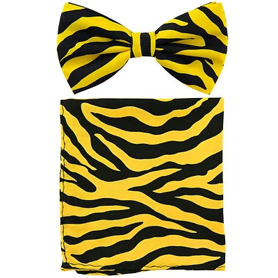 Nuevo Conjunto de Pajarita y Pañuelo Cuadrado de Bolsillo Pre-atado para Hombre Cebra Amarillo Negro Formal  Foto 1 de 4