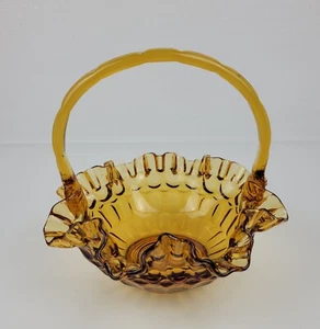 Vintage 1960's Fenton Art Glass Thumbprint Crimp Edge Basket Colonial Amber 8.5" - Picture 1 of 12