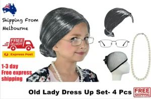 4 Pcs Grandma Old Lady 100 Days Kids Wig Set Book Week Costume free express - Picture 1 of 4