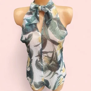Green Tropical Floral Print Sheer Chiffon Floaty Halter Neck Top Size 14 BNWT - Picture 1 of 2