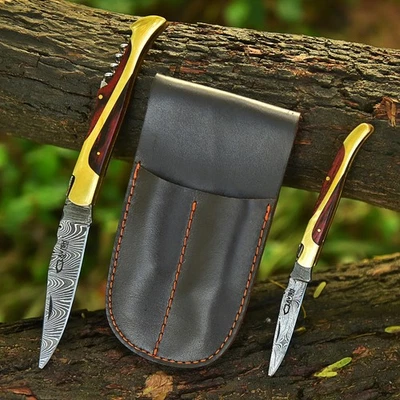 2pc Handmade Laguiole Damascus Folding Pocket Knives Brass Wood Handle & Sheath - Image 1 of 4