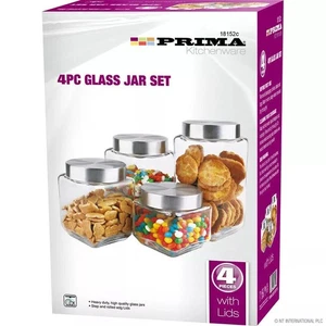 Prima 4pc Glass Cookie & Sweet Jar Set Airtight Food Storage Canisters Container - Picture 1 of 1