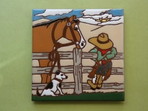 Earthtones Ceramic Art Tile 6"x6" Western Ranch Country Cowboy Horse Dog O61 - Picture 1 of 8