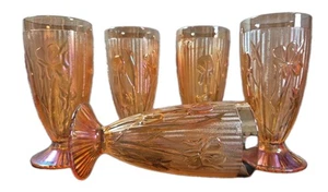 VTG Lovely Jeanette Glass Co. Iridescent Iris & Herringbone 5 Glasses Beautiful - Picture 1 of 6