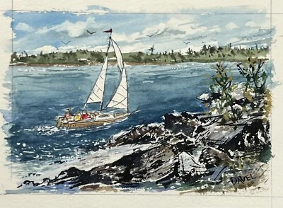 Watercolor Painting Sailboat In Lake By Rocky Coast 4x5" Fine Art Jim Davel - Image 1 of 4