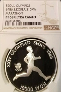 1986 SOUTH KOREA SILVER 10000 WON MARATHON NGC PF 68 ULTRA CAMEO HIGH GRADE - Picture 1 of 3