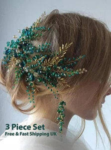 Bohe Green Hair Vine Hair Piece Crystal Headdress Bridal Gold Hair Accessories - Picture 1 of 11
