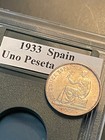 1933 1 Uno Peseta Hiszpania Świat Srebrna moneta z plastikowym etui!