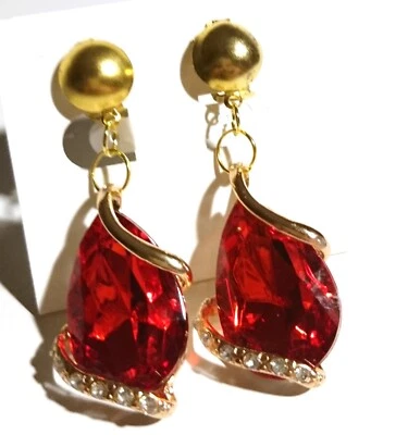 Ohrclips Clips rot goldf Tropfen facettiert funkelnd Strass opulent 6,3cm lang - Bild 1 von 4