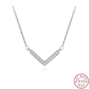 European Sparkling AAA CZ V Shape Pedant S925 Sterling Silver Necklace For Women - Picture 1 of 8