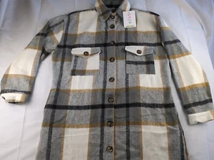 SeekMe Women's Size XS Beige Plaid Flannel Pocketed Long Shacket Jacket NWT - Picture 1 of 16